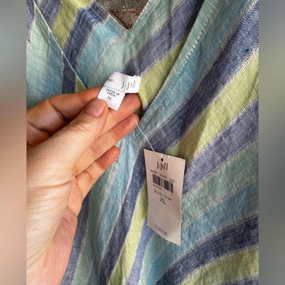 J Jill Love Linen Lotus Maxi Dress size XL Striped Blue Green Lined - Picture 7 of 16